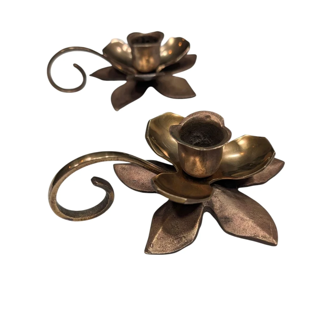 (2) Vintage Brass Lotus Rustic Chambersticks.